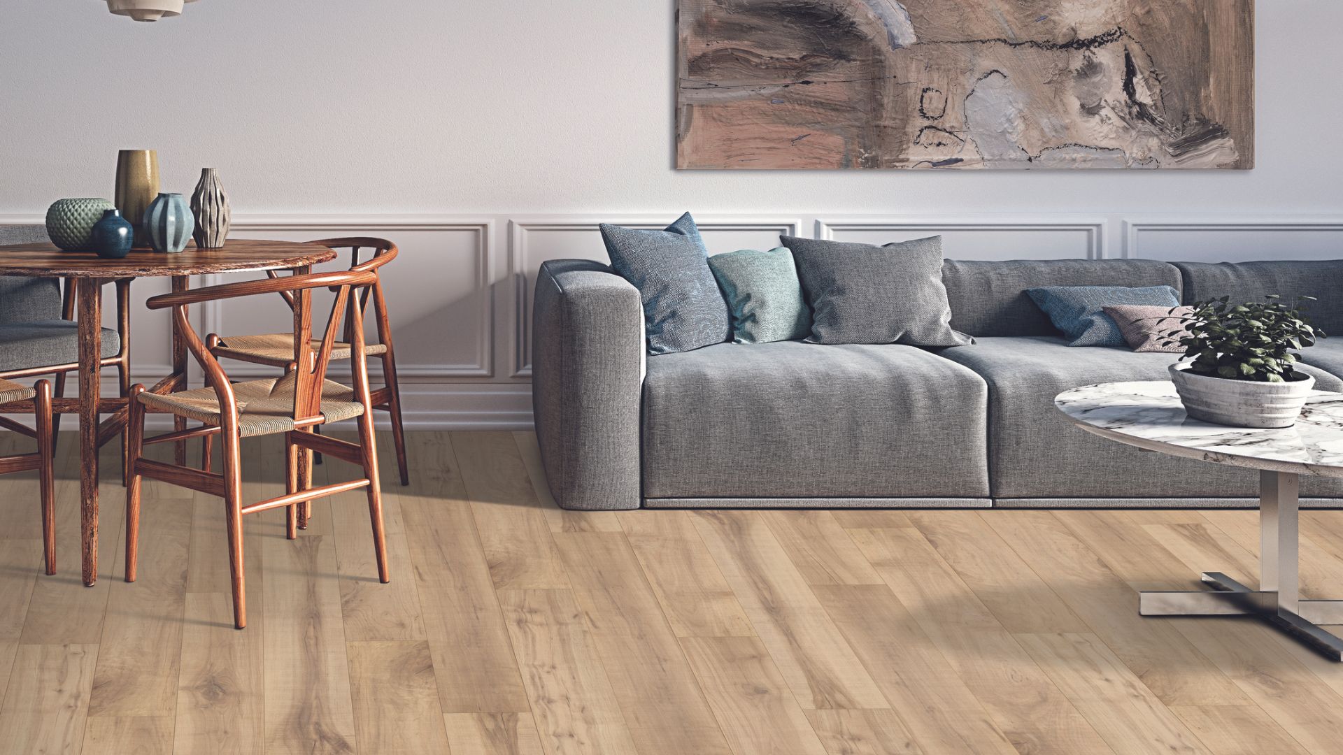 wood look luxury vinyl flooring in a living and dining room